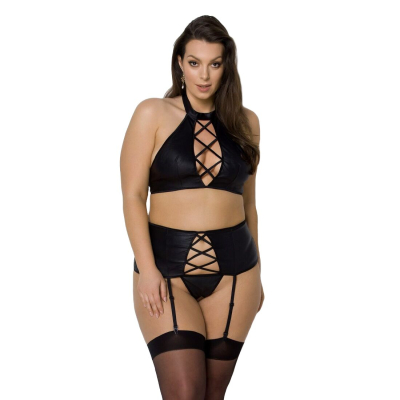 Комплект з екошкіри Passion NANCY SET 4XL/5XL Чорний, імітація шнурівки, топ, пояс для панчіх