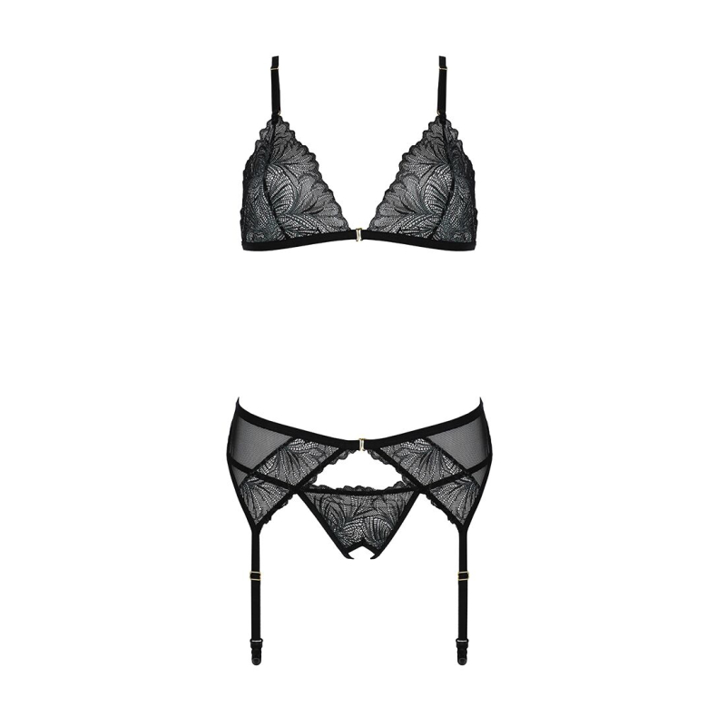 Комплект з відкритим доступом Passion DELIENA SET S/M Чорний, ліф, стрінги, пояс для панчіх