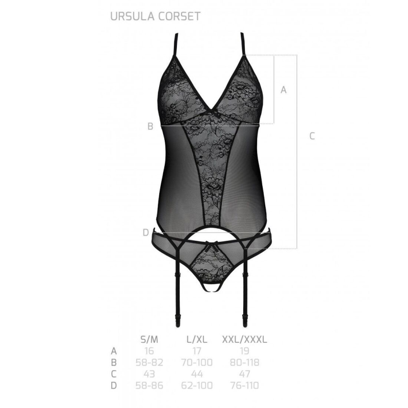 Корсет із пажами, трусики з ажурним декором та відкритим кроком Passion URSULA CORSET 2XL/3XL чорний колір
