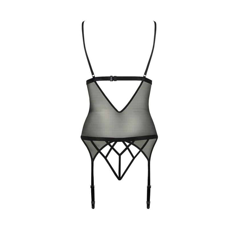 Корсет з відкритими грудьми Passion DIABOLINA CORSET L/XL, чорний колір, пажі, трусики, напівпрозорий
