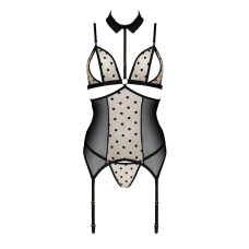 Корсет з відкритими грудьми Passion DOMINICA CORSET 2XL/3XL кремовий/чорний, пажі для панчіх, стрінги