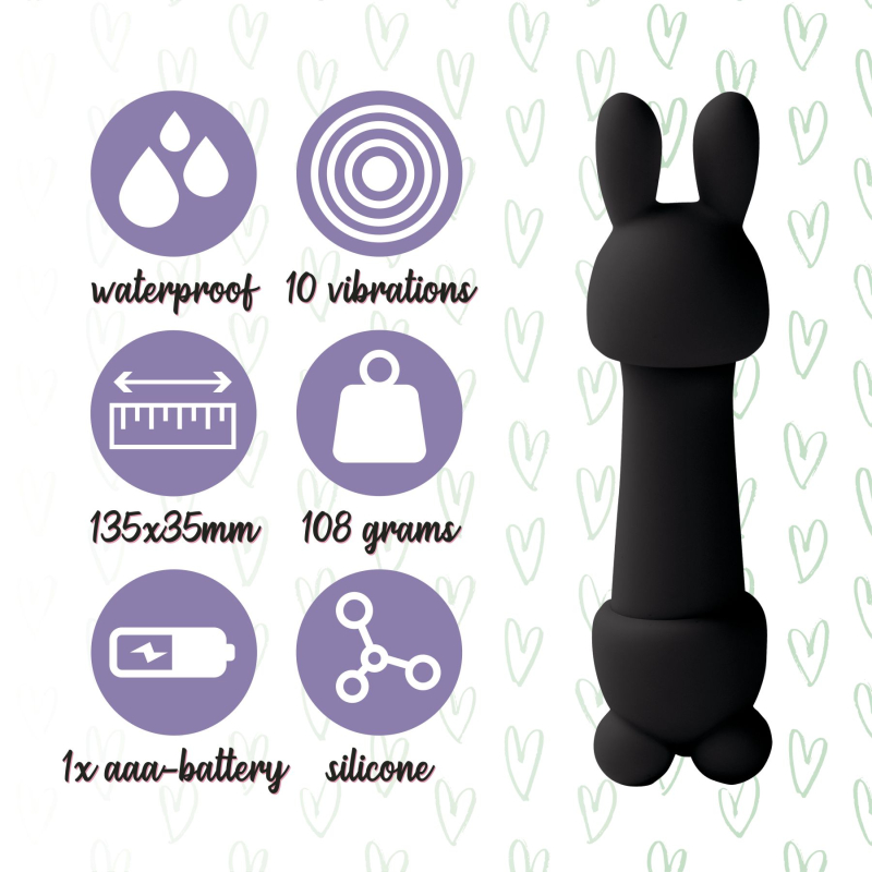 Міні вібратор з насадками – FeelzToys Mister Bunny Black – 10 варіантів вібрацій: 3 рівномірні та 7 ритм. малюнків