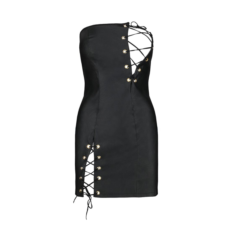 Мини-платье из эко-кожи Passion CELINE CHEMISE Черный L/XL, шнуровка, трусики в комплекте