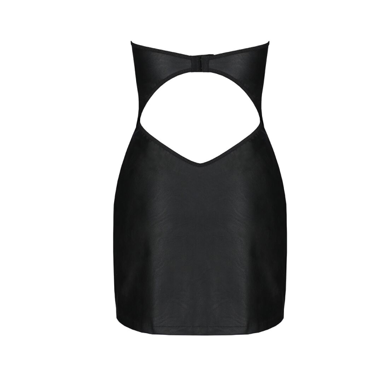 Мини-платье из эко-кожи Passion CELINE CHEMISE Черный L/XL, шнуровка, трусики в комплекте
