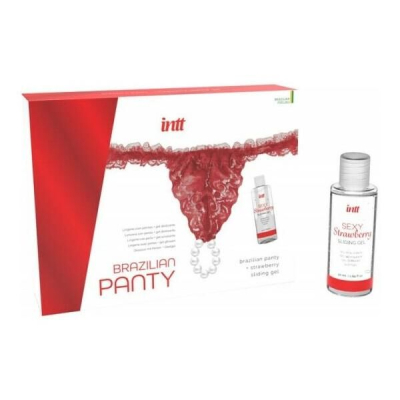 Набор Intt BRAZILIAN PANTY RED: трусики на завязках S–XL с перламутровым кольцом + клубничная смазка