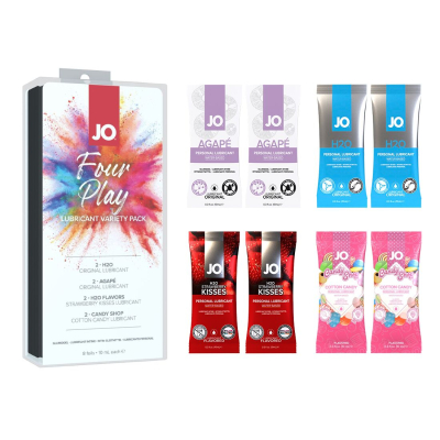 Набір змазок на водній основі JO Four Play (8×10 мл): H2O Original, Agapé Original, H2O Strawberry Kisses