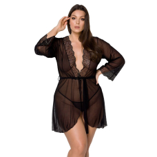 Пеньюар Passion AMBERLY PEIGNOIR 4XL/5XL, чорний колір, ажурні декольте та манжети, широкі рукави