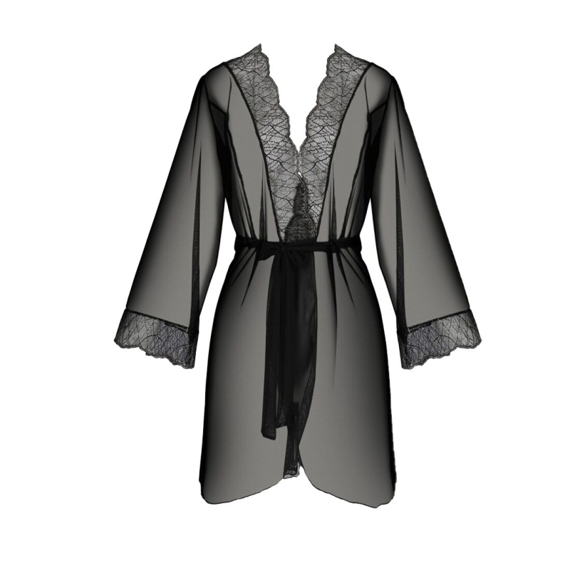 Пеньюар Passion AMBERLY PEIGNOIR 4XL/5XL, чорний колір, ажурні декольте та манжети, широкі рукави
