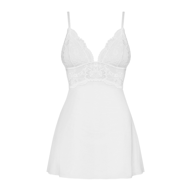 Сатиновий пеньюар із мереживом Obsessive 810–BAB–2 babydoll & thong S/M, білий, пеньюар, танга