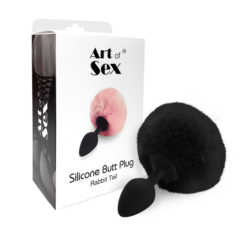 Силиконовая анальная пробка М Art of Sex - Silicone Bunny Tails Butt plug Black, диаметр 3.5 см