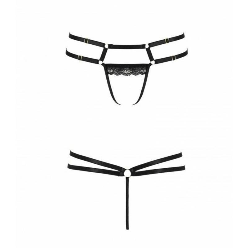 Трусики–стрінги зі стреп та мереживом Passion Exclusive LORRY THONG L/XL, чорний колір
