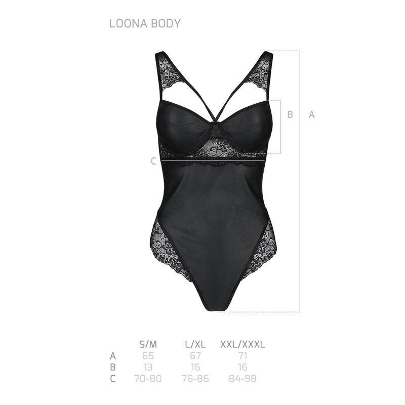 Боді з еко–шкіри та мережива Passion LOONA BODY 2XL/3XL, чорний колір