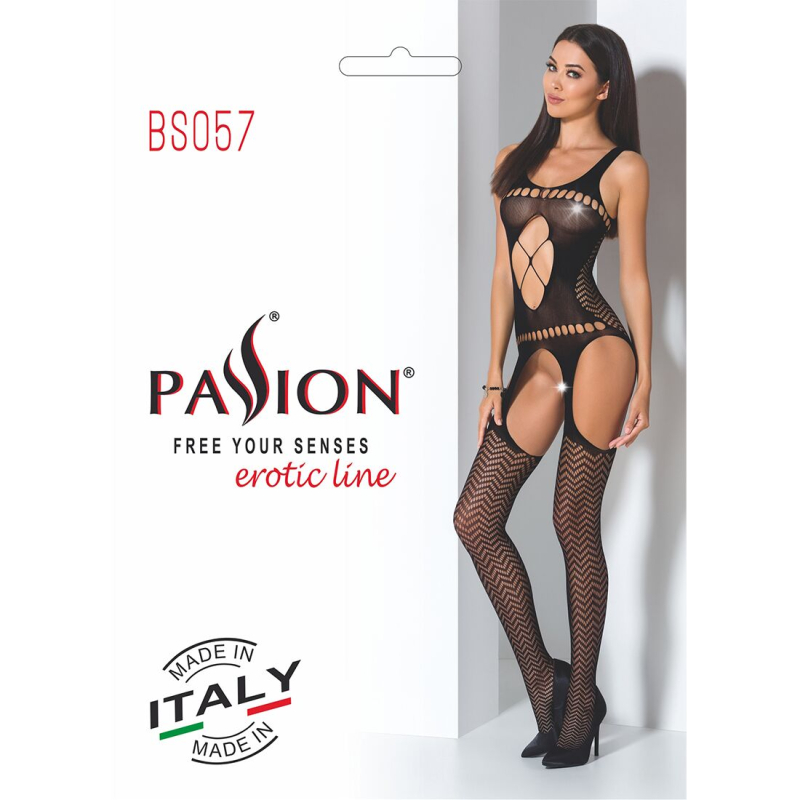 Бодістокінг Passion BS057 Чорний, комбінезон, імітація панчох і пояса
