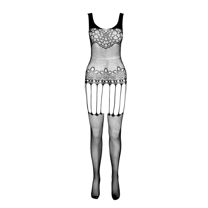 Бодістокінг Passion ECO BS001 One Size Чорний, з доступом, імітація підв’язок, флористичний декор