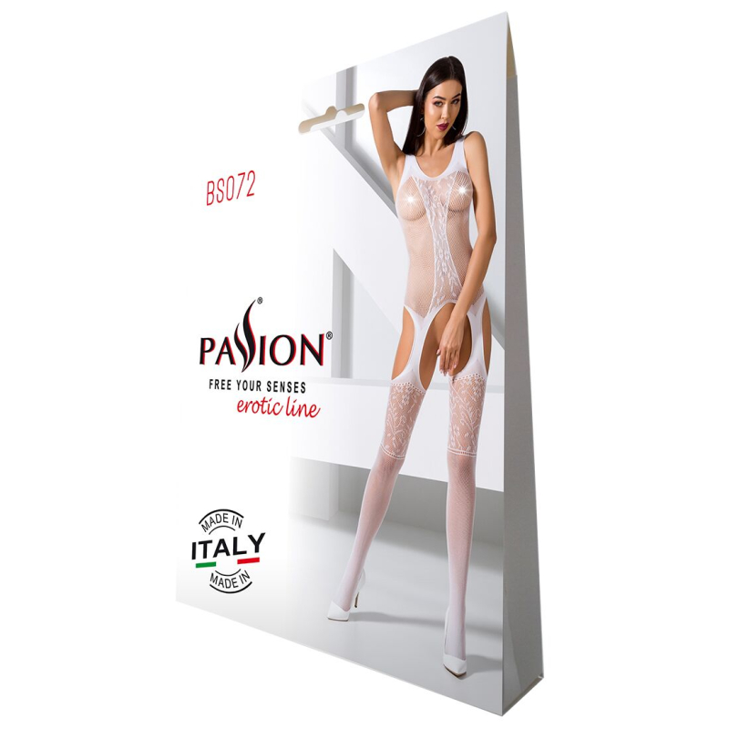Боди-стокинг с имитацией чулок и ажурной вставкой Passion BS072 белый