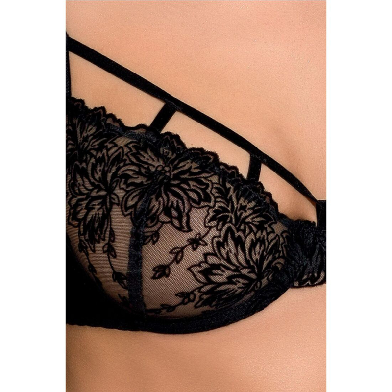 Комплект білизни Passion Exclusive HAYA SET S/M, чорний колір, стрінги, ліф, пояс для панчіх
