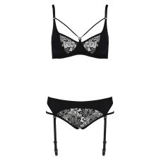 Комплект білизни Passion PAULINE SET L/XL, чорний колір, стрепи, ліф, стрінги і пояс для панчох