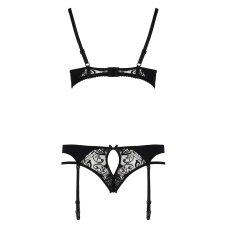 Комплект білизни Passion PAULINE SET L/XL, чорний колір, стрепи, ліф, стрінги і пояс для панчох