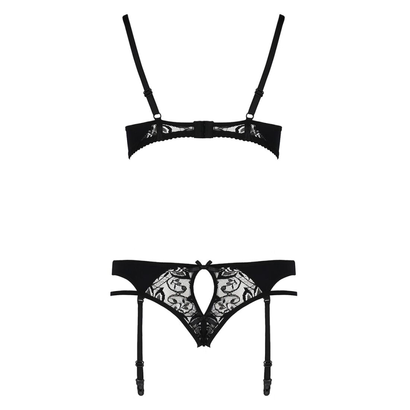 Комплект білизни Passion PAULINE SET L/XL, чорний колір, стрепи, ліф, стрінги і пояс для панчох