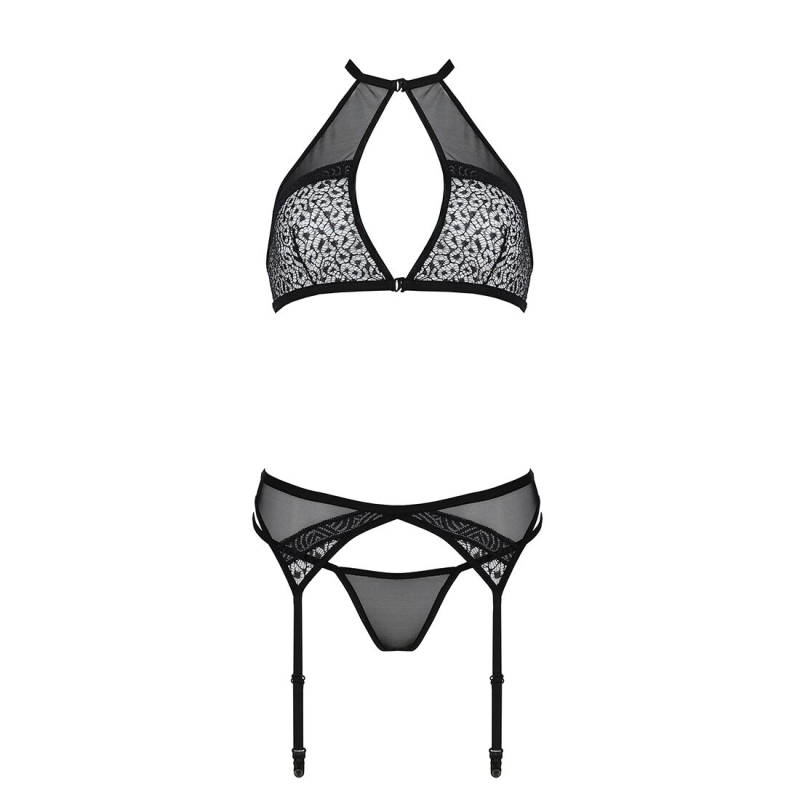 Комплект білизни Passion SATARA SET 2XL/3XL Чорний, топ, пояс для панчіх, стрінги