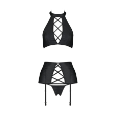 Комплект із екошкіри Passion NANCY SET 6XL/7XL Чорний, імітація шнурівки, топ, пояс для панчіх