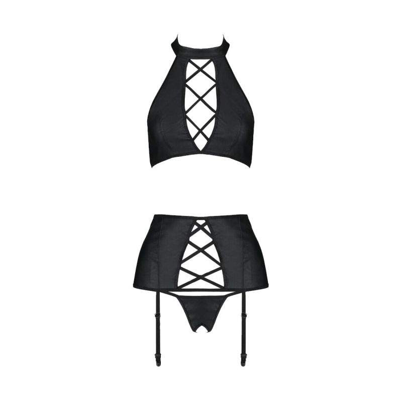 Комплект из эко-кожи Passion NANCY SET 6XL/7XL Черный, имитация шнуровки, топ, пояс для чулок