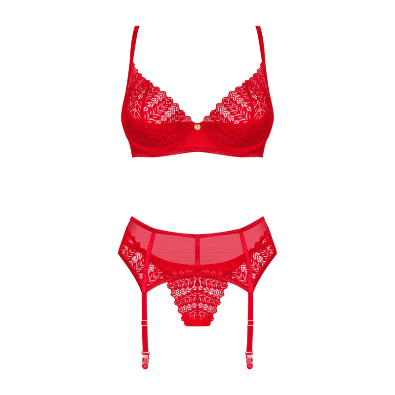 Комплект Obsessive Ingridia 3–pcs set XL/2XL, червоний, бюстгальтер, стрінги, пояс