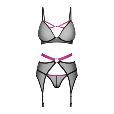 Комплект Obsessive Novenes 3–pcs set, XL/2XL, прозорий ліф на кісточках, стрінги, пояс
