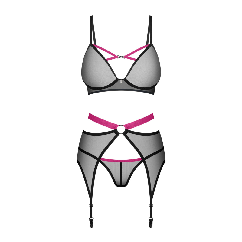Комплект Obsessive Novenes 3–pcs set, XL/2XL, прозорий ліф на кісточках, стрінги, пояс