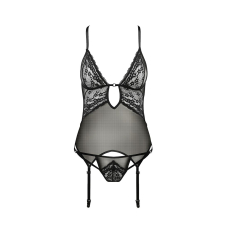 Корсет з декольте Passion ERZA CORSET L/XL, чорний колір, пажі, трусики, напівпрозорий