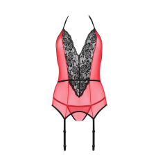 Корсет з пажами для панчіх Passion PEONIA CORSET L/XL червоний, стрінги