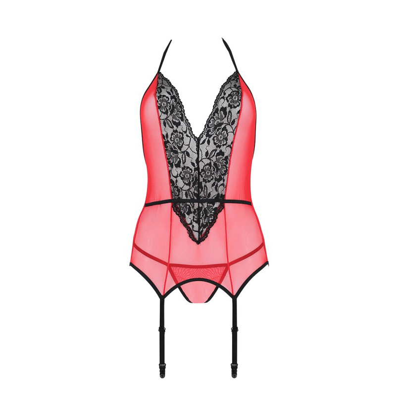 Корсет з пажами для панчіх Passion PEONIA CORSET L/XL червоний, стрінги