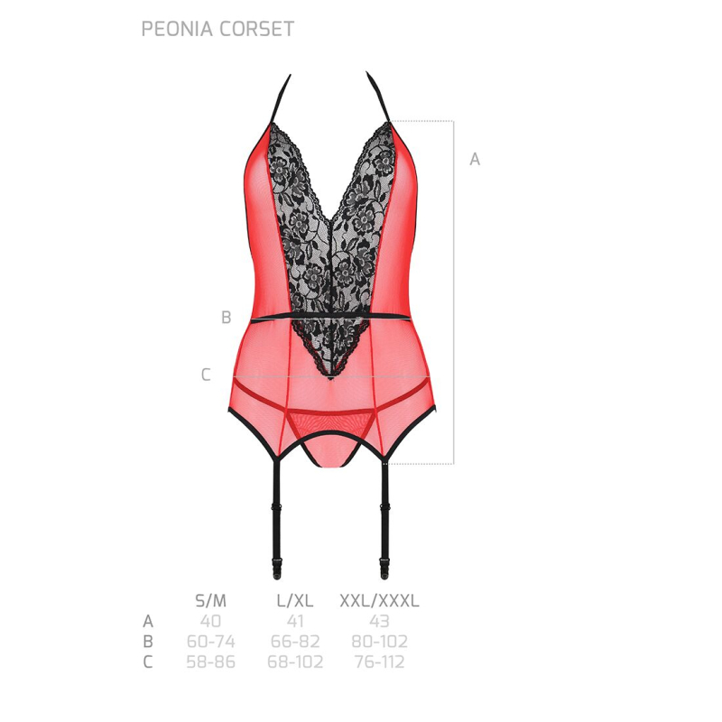 Корсет з пажами для панчіх Passion PEONIA CORSET L/XL червоний, стрінги