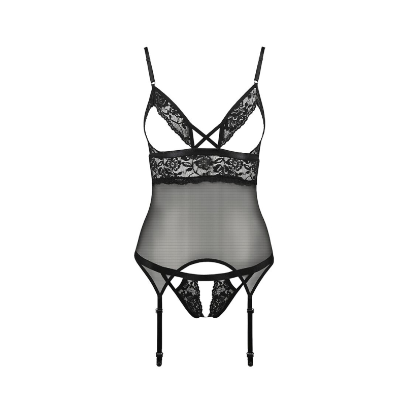 Корсет з відкритими грудьми Passion DIABOLINA CORSET 2XL/3XL, чорний колір, пажі, трусики, напівпрозорий