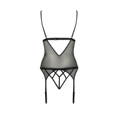 Корсет з відкритими грудьми Passion DIABOLINA CORSET 2XL/3XL, чорний колір, пажі, трусики, напівпрозорий