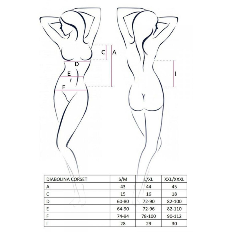 Корсет з відкритими грудьми Passion DIABOLINA CORSET 2XL/3XL, чорний колір, пажі, трусики, напівпрозорий