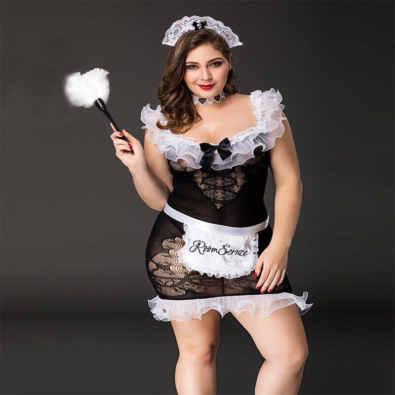 Костюм покоївки JSY "Слухняна Ельма" Plus Size Чорний колір, сукня, фартух, головний убір покоївки