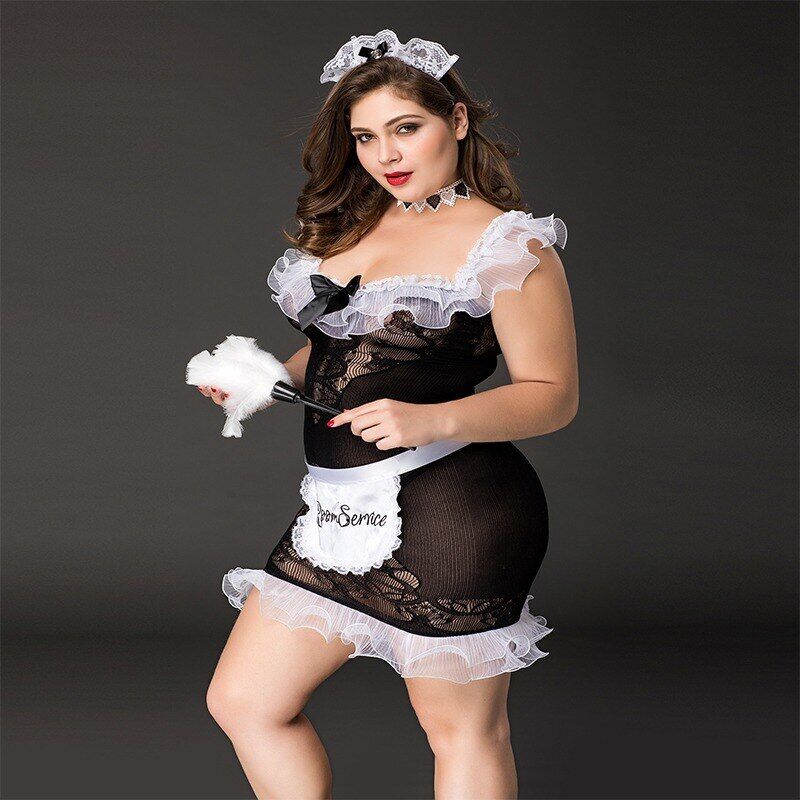 Костюм покоївки JSY "Слухняна Ельма" Plus Size Чорний колір, сукня, фартух, головний убір покоївки