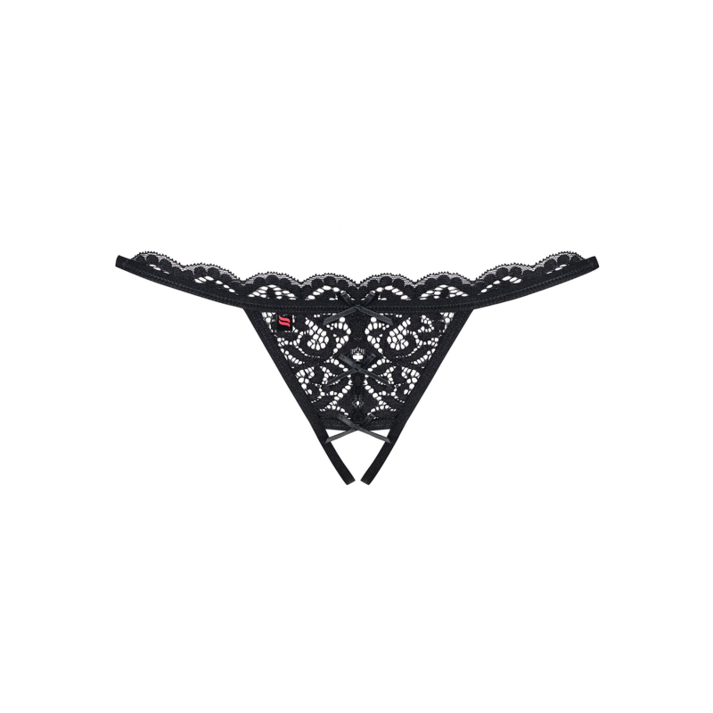 Мереживні танги з двома отворами Obsessive 831–THC–1 crotchless thong S/M, чорні, бантики