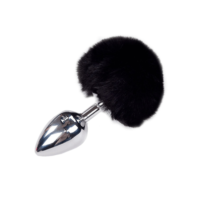 Металлическая анальная пробка Кроличий хвостик Alive Fluffy Plug L Black, диаметр 3.9 см