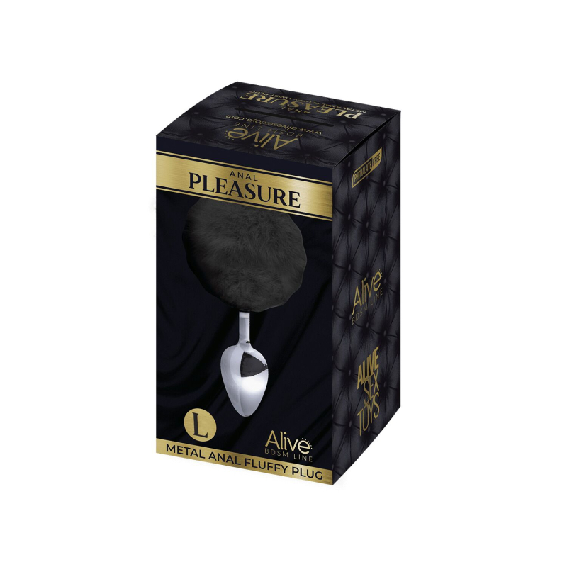 Металлическая анальная пробка Кроличий хвостик Alive Fluffy Plug L Black, диаметр 3.9 см