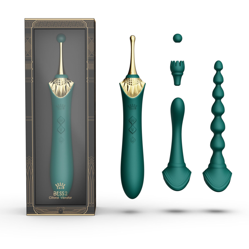 Мультифункциональный вибратор – Zalo Bess 2 Turquoise Green – 4 сменные насадки, нагрев до 42°, точечный вибратор