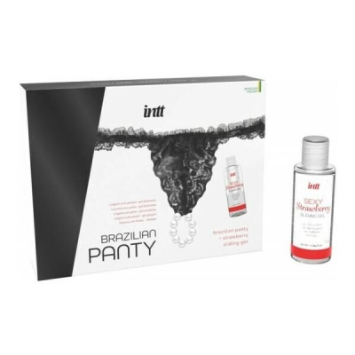 Набор Intt BRAZILIAN PANTY BLACK: трусики на завязках S–XL с перламутровым кольцом + клубничная смазка