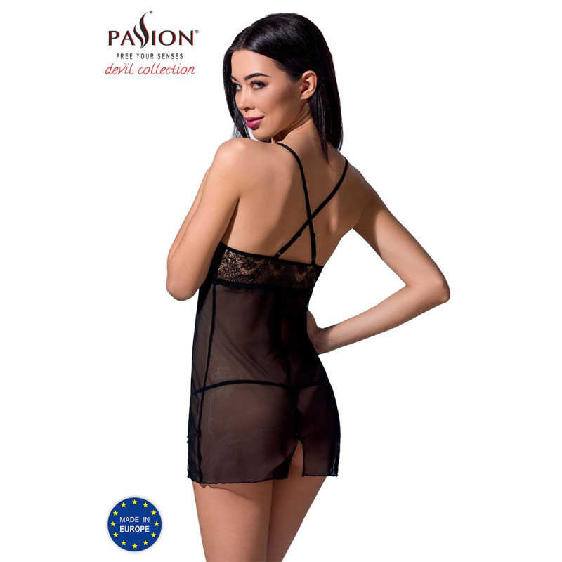 Прозора сорочка приталена Passion QUENTRIS CHEMISE L/XL, чорний колір, трусики