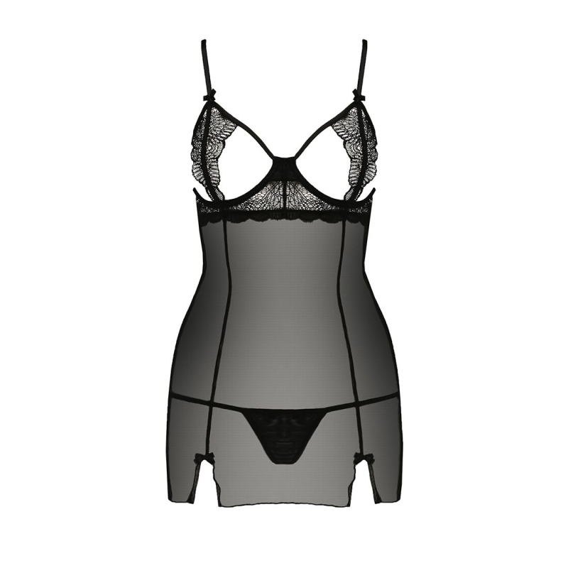 Прозора сорочка приталена Passion QUENTRIS CHEMISE L/XL, чорний колір, трусики