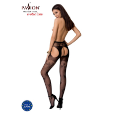 Сексуальні колготки–бодістокінги Passion S022 One Size, Чорний колір, імітація панчіх і пояса з гартерами