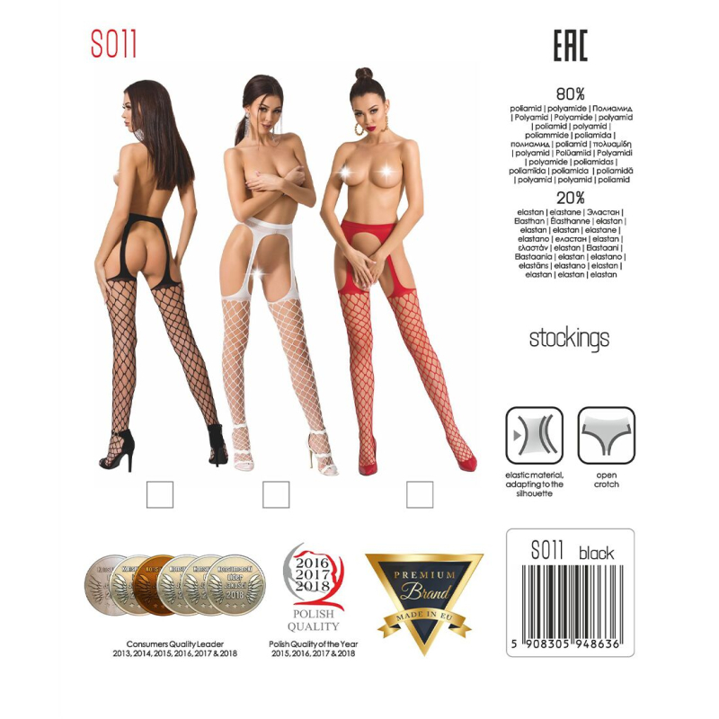Сітчасті панчохи–стокінги Passion S011 One Size, білий, імітація гартерів, відкритий доступ