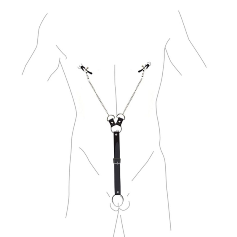 Зажимы для сосков с фиксацией на пенисе Art of Sex – Nipple Clamps for Men, экокожа