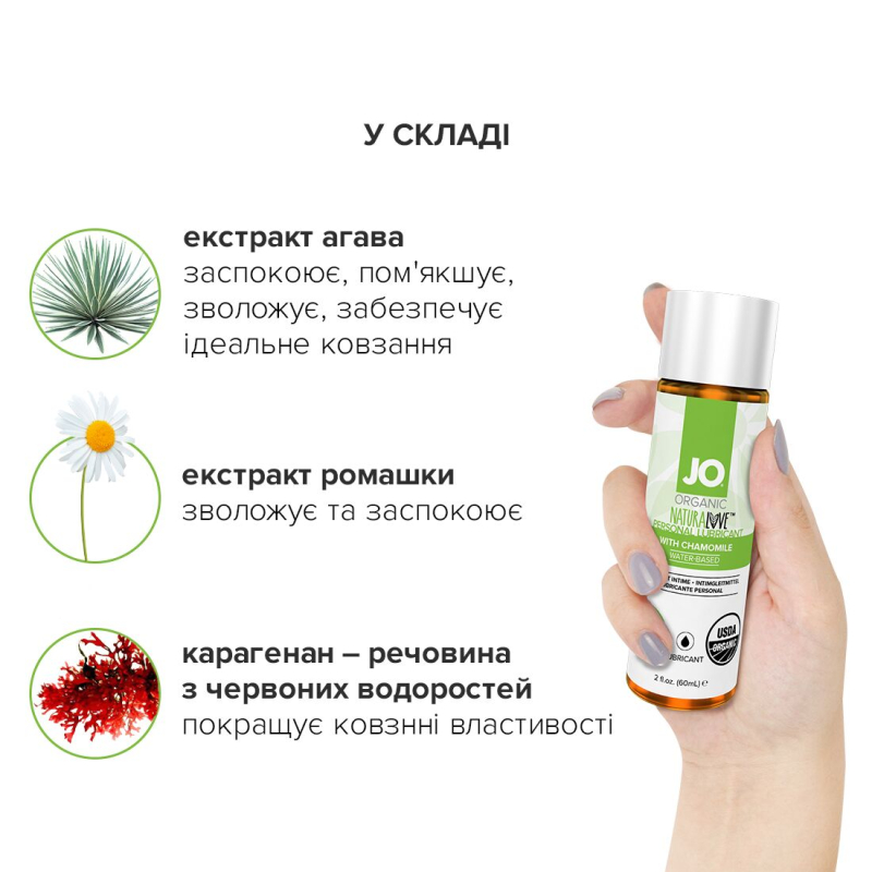 Смазка на водной основе JO NATURALOVE – ORGANIC (60 мл) с экстрактом листьев агавы и ромашки