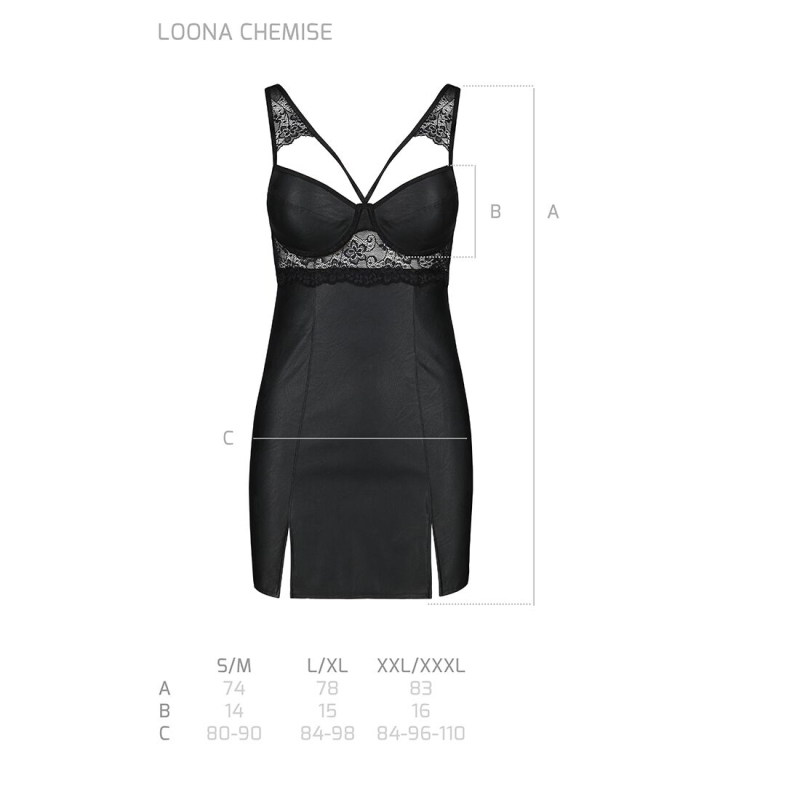 Бебі–дол з еко–шкіри та мережива Passion LOONA CHEMISE L/XL, чорний колір